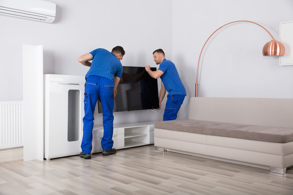 Two crew members from a professional moving company lifting a TV from its entertainment center.