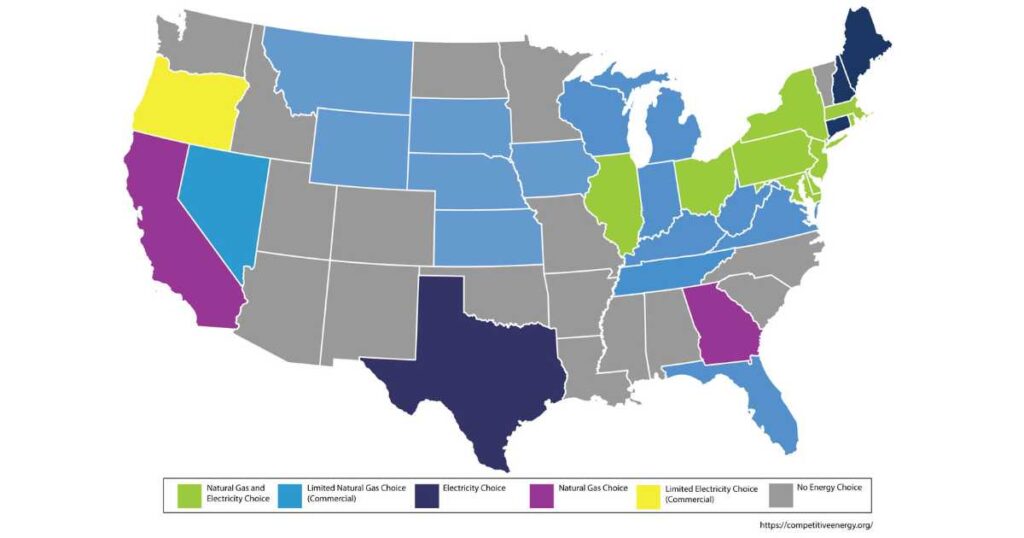 Map showing which states are deregulated for energy services