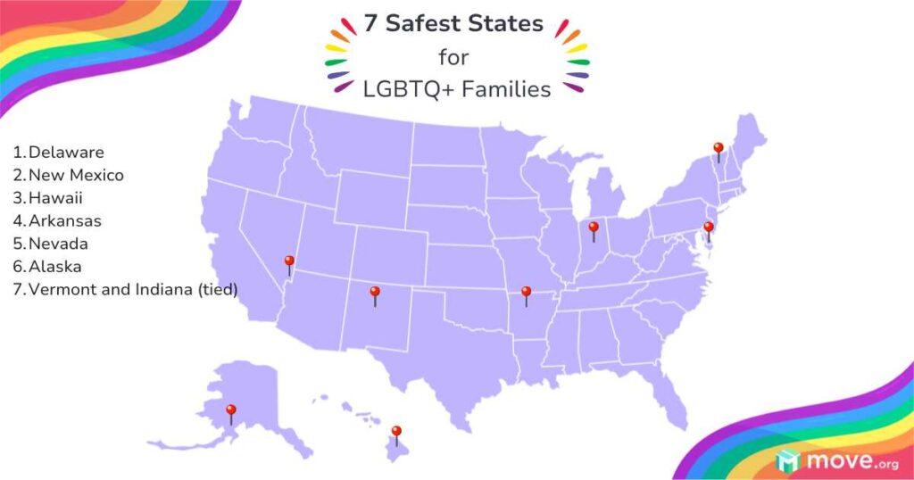 Map with the most LGBTQ+ friendly states noted with pins.