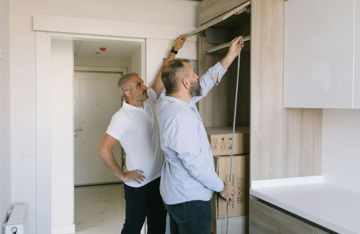 Two men measuring a linear foot.