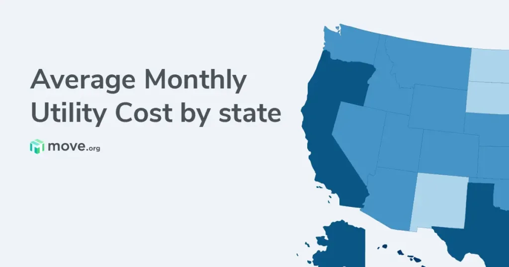 Western portion of US map colored in different shades to indicate higher or lower monthly utility costs. California, Oregon and Texas show a darker color, indicating higher costs, compared to New Mexico and Montana, which are lighter shades indicating lower cost.