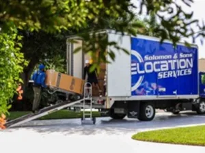 Moving boxes into a Solomon & Sons Relocation Services truck.